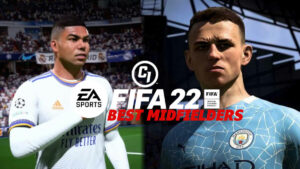 Two FIFA 22 midfielders behind logo