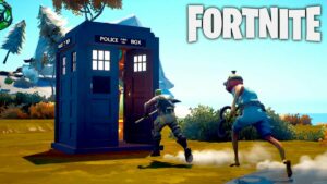 Jonesy and Fishstick running towards Doctor Who Tardis in Fortnite
